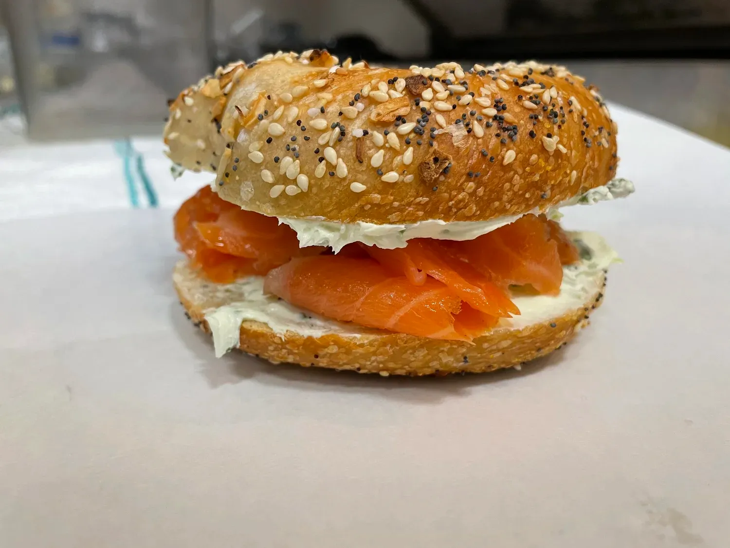 Nova lox with cream cheese on everything bagel