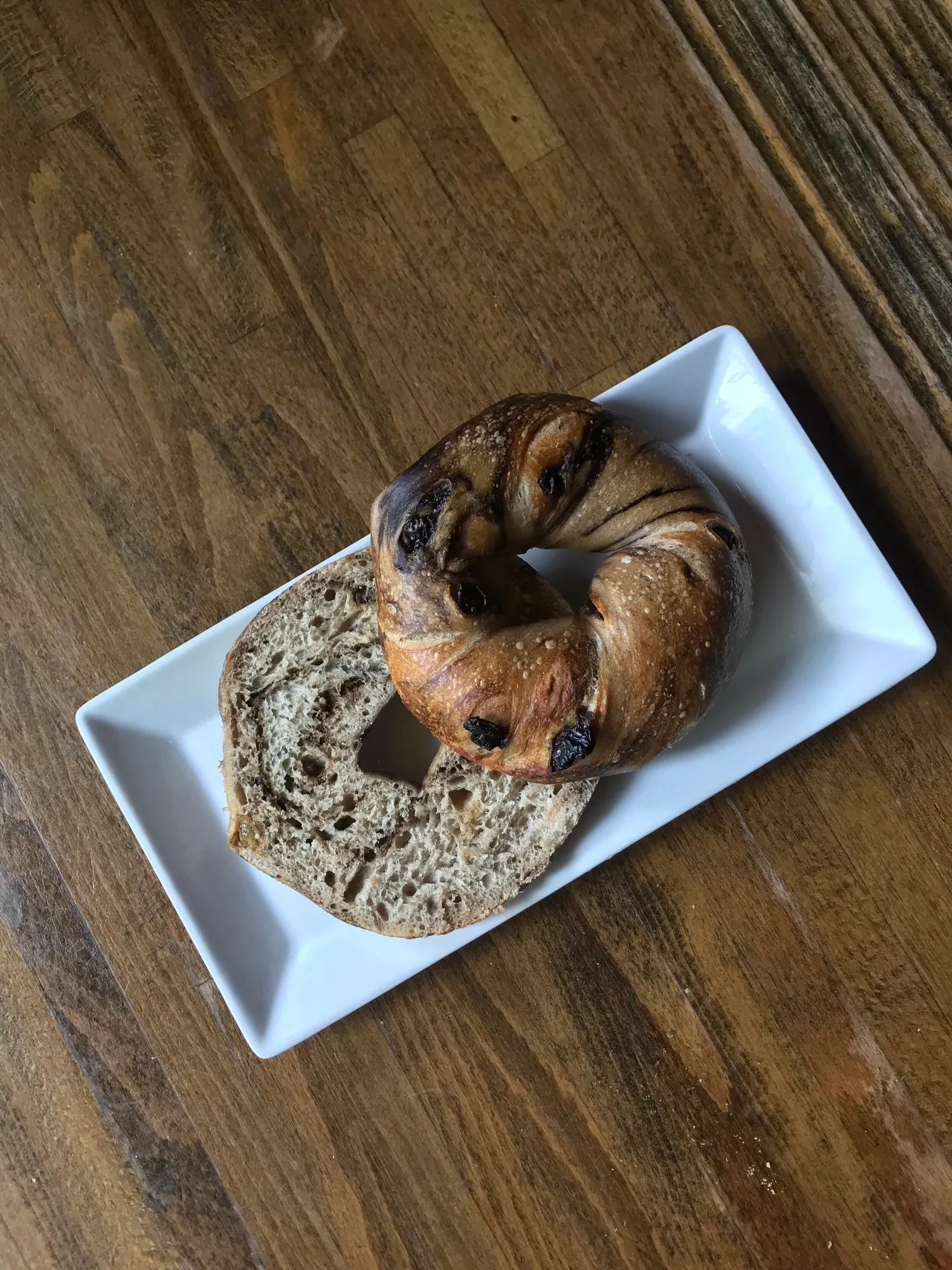 Sliced cinnamon raisin bagel close-up