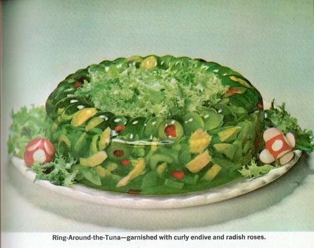 Vintage tuna dish garnished with endive and radish roses