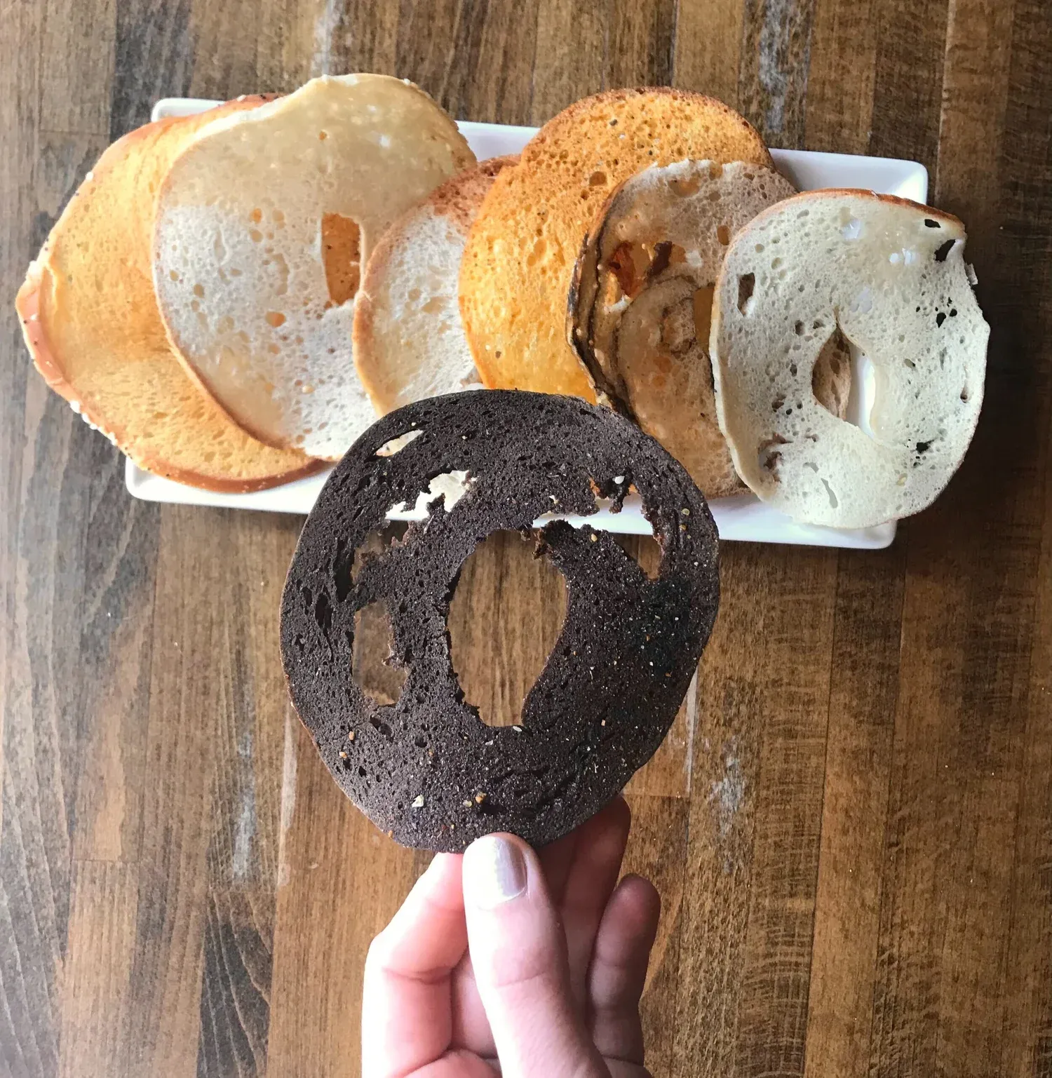 Bagel chips made from whole bagels