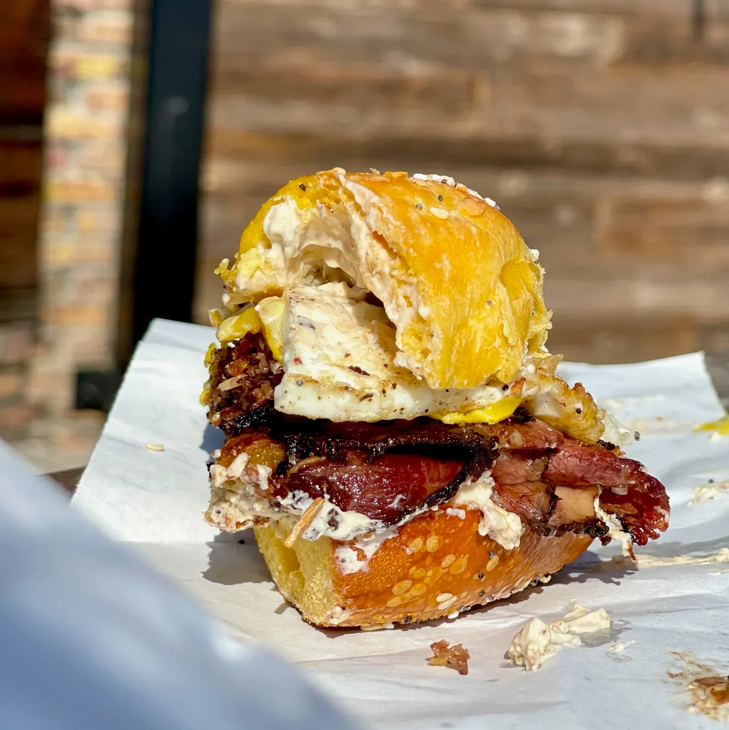Eating the Irving Park bagel sandwich