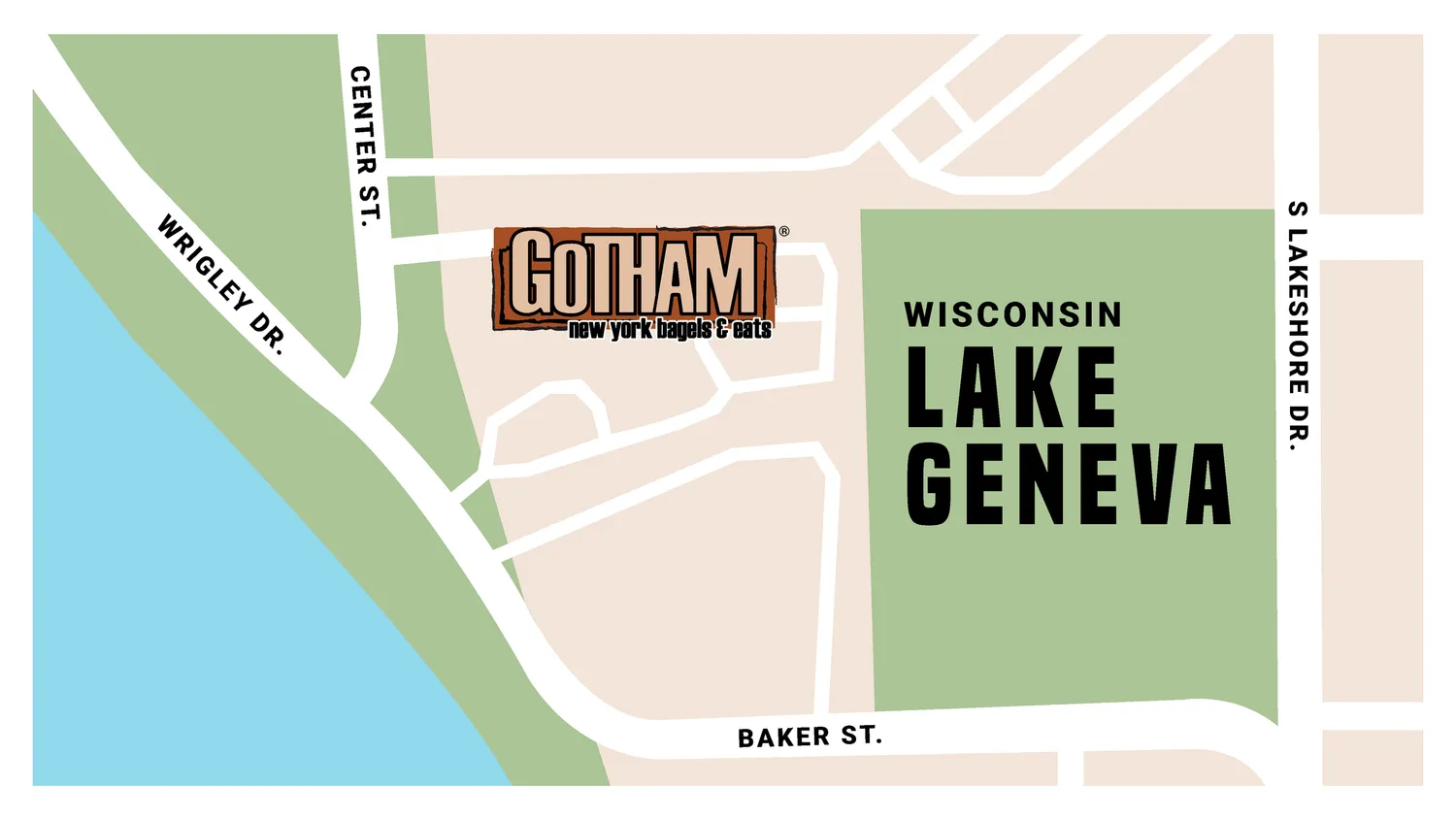 Map showing the Gotham Bagels Lake Geneva location