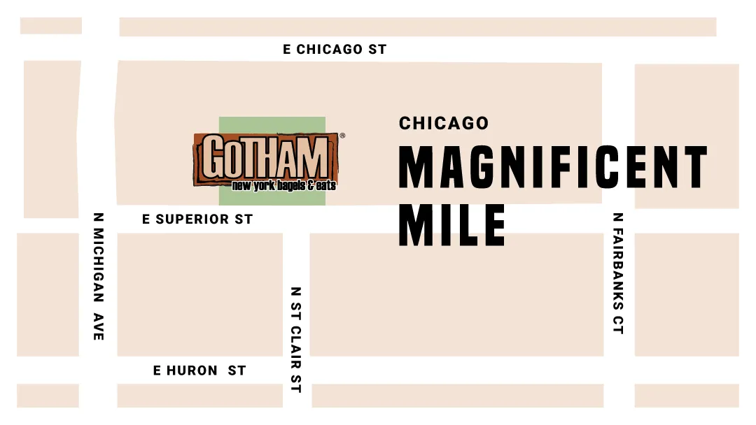 Map showing the Gotham Bagels Magnificent Mile location
