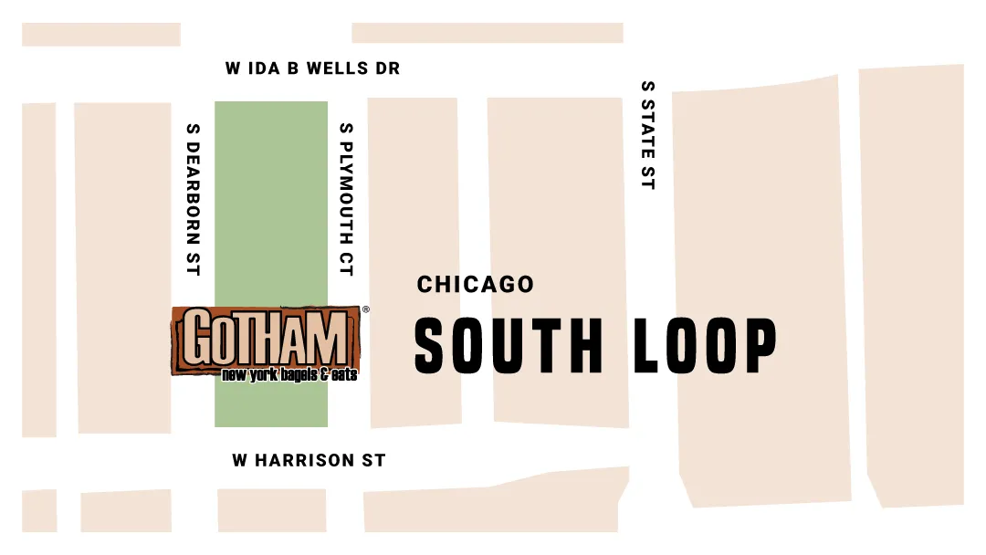 Map showing the Gotham Bagels South Loop location