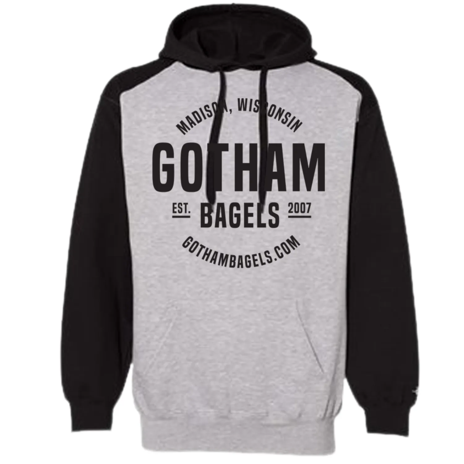 Black and gray Gotham Bagels hoodie