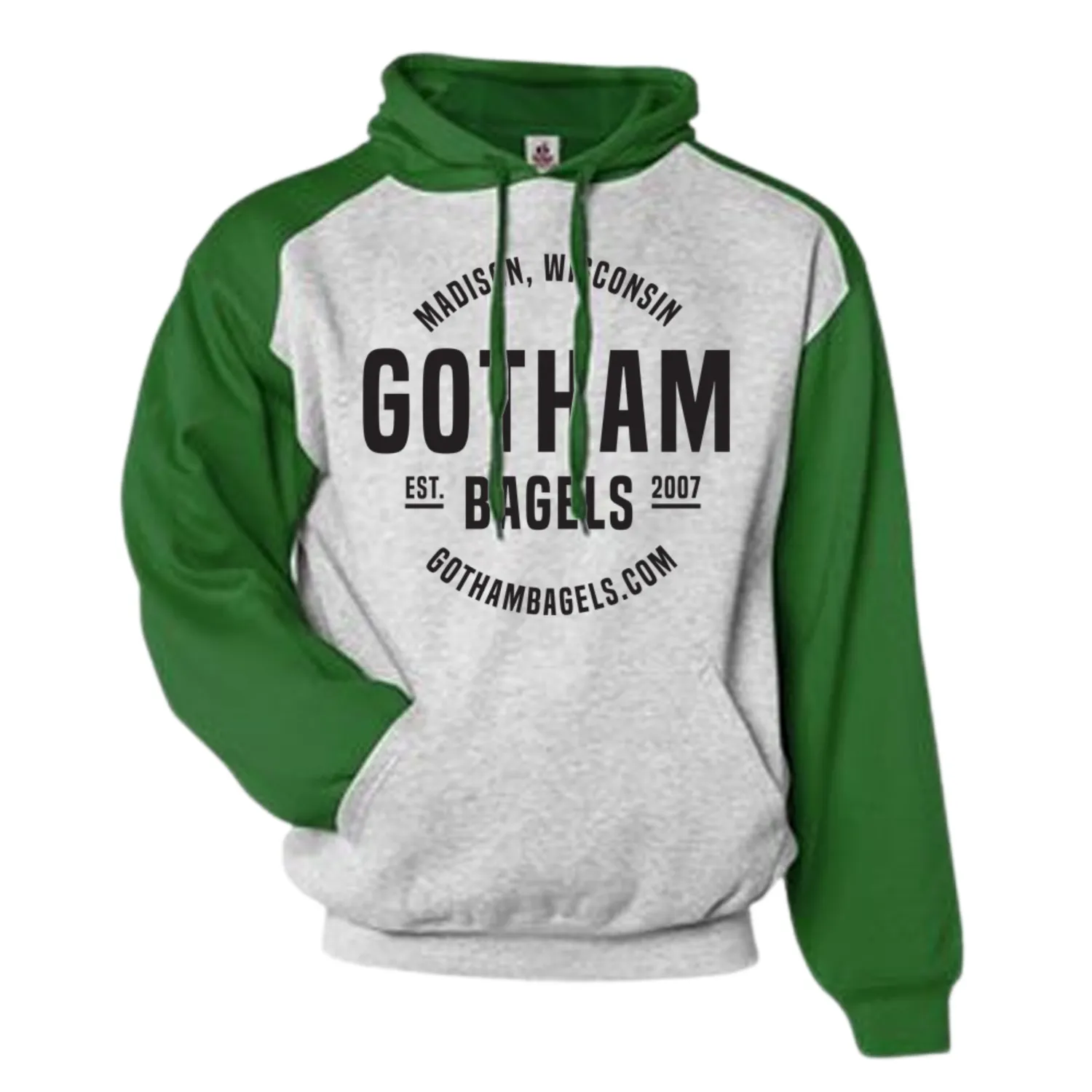 Green and gray Gotham Bagels hoodie