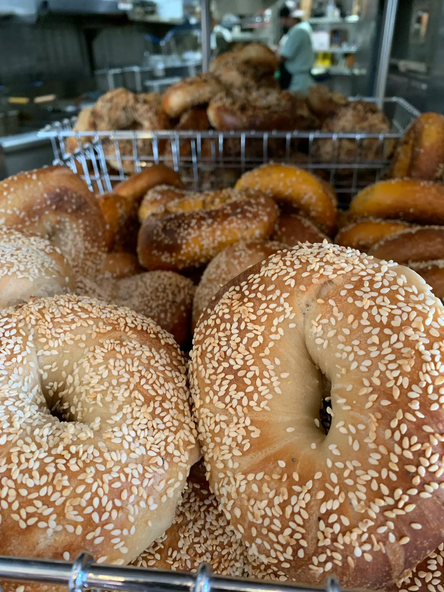 Fresh sesame bagels at Gotham Bagels Lakeview
