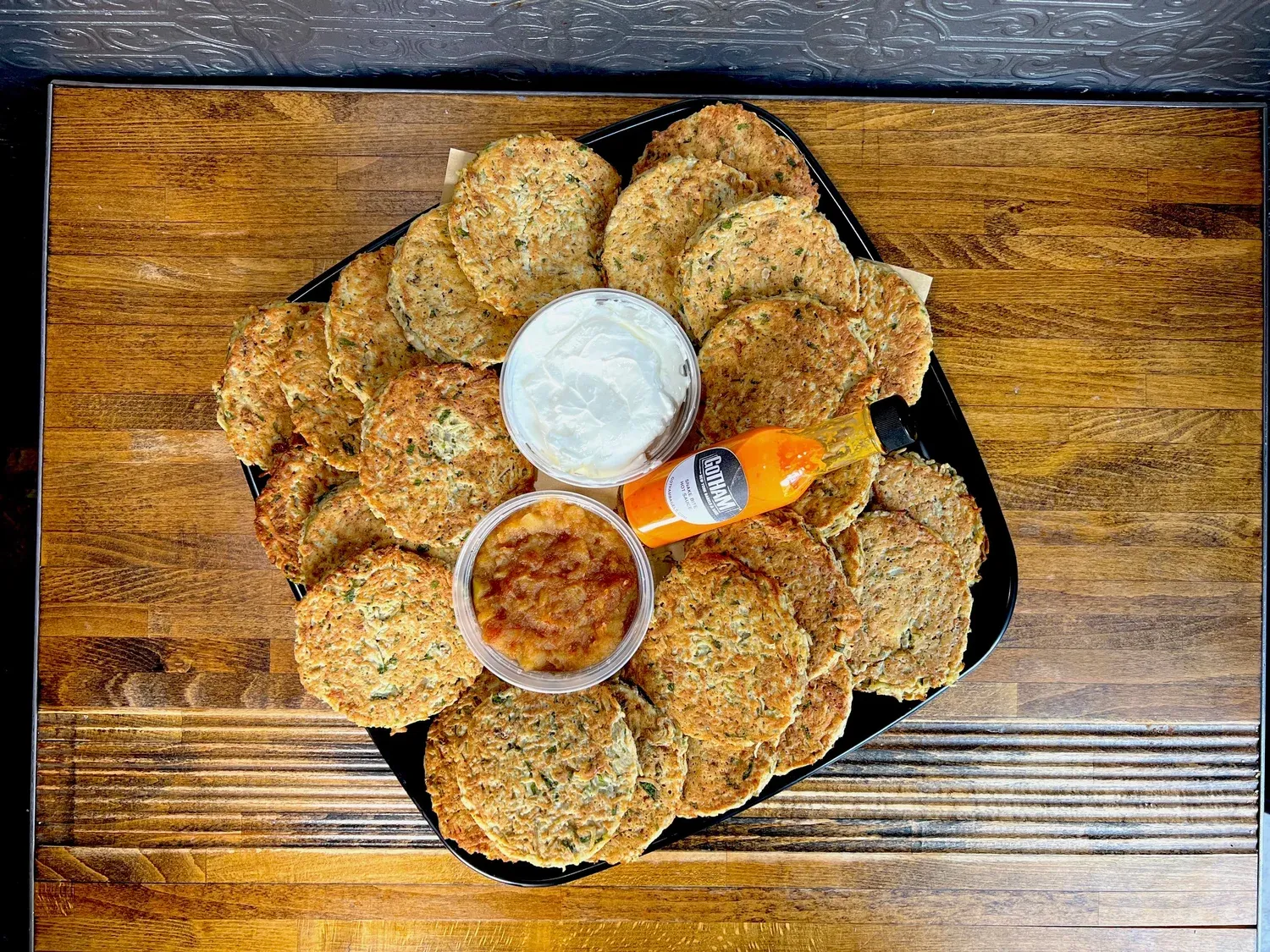 Tray of golden potato latkes